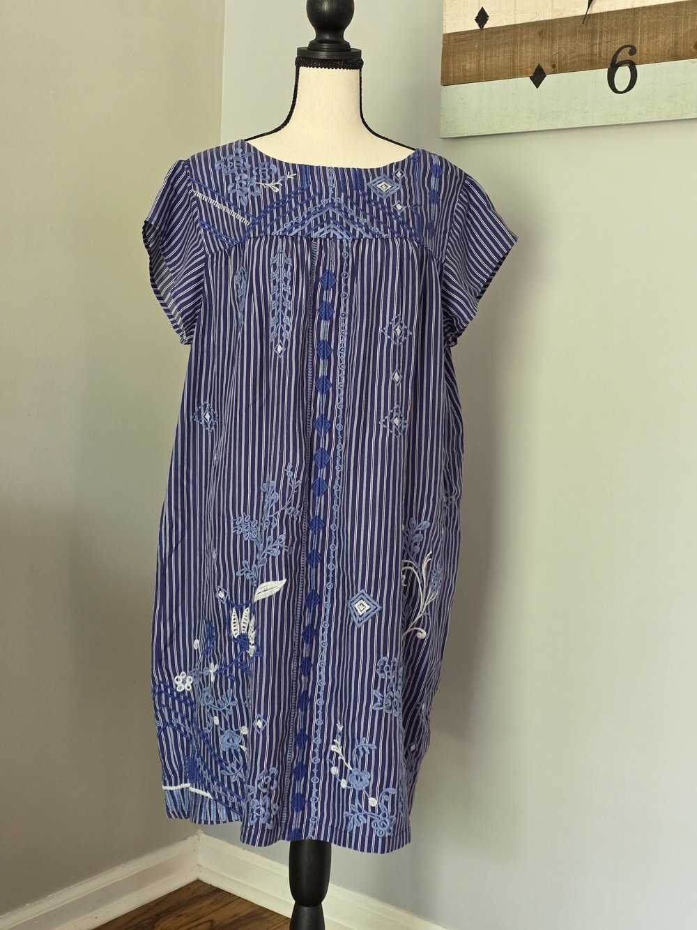John Was Navy and White Striped Embroidered Midi Dress